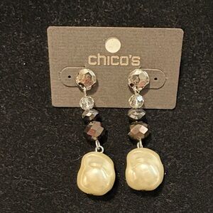 Chico's Cream Baroque Pearl Drop Earrings with Silver & Gray Beads